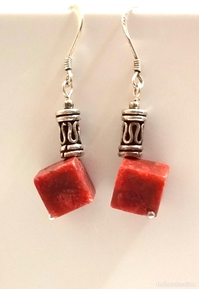 Joaillerie: Pendientes Plata 925 con cuadrado coral, vintage