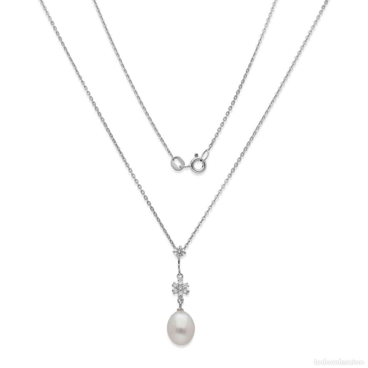 Joyeria: Colgante con cadena, oro blanco 9K, circonitas y perla FreshWater