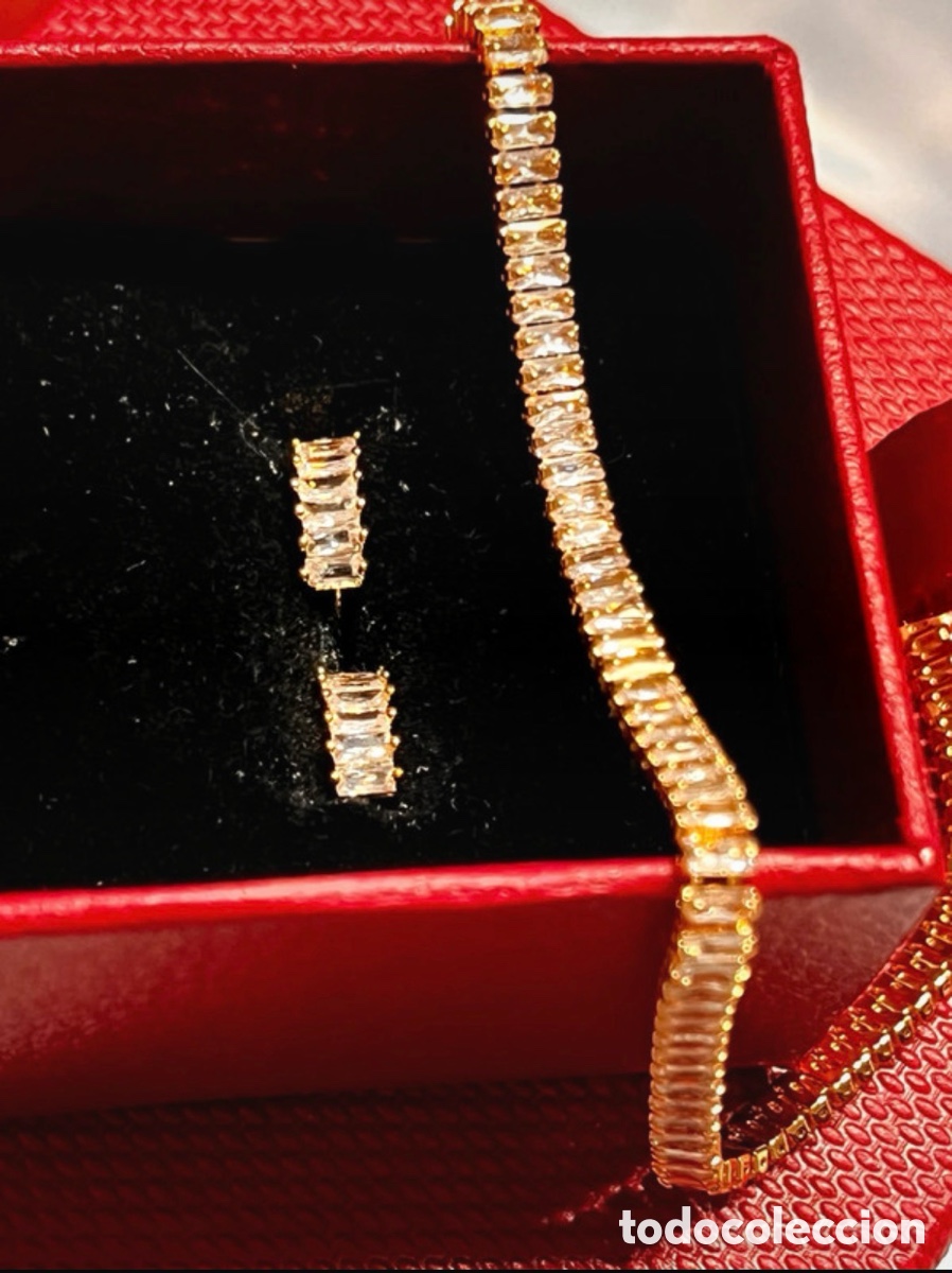Jewelry: Pulsera y pendientes Gold Filled (ba&ntilde;o oro) circonitas baguette