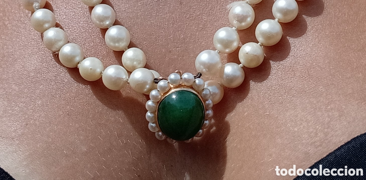 Gioielleria: Collar vintage de 140 perlas con cierre de oro 18K y crisoprasa natural