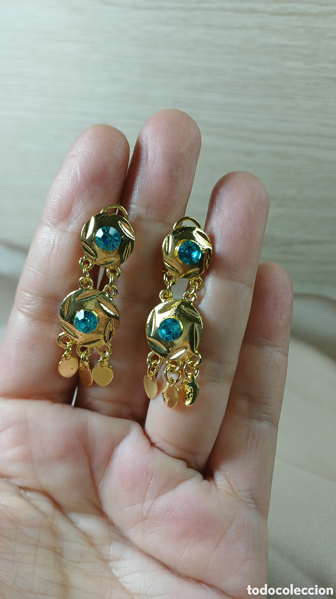 Joyeria: PENDIENTES SEM&Aacute;FORO AZUL CHAPADO ORO 18 K - Foto 4