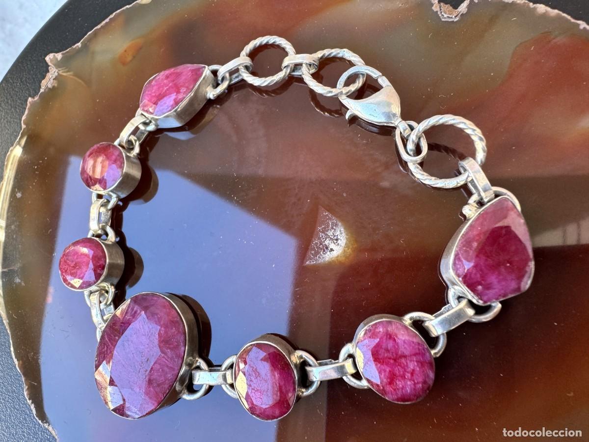 Joyeria: Pulsera de plata de ley con piedras preciosas rosas naturales | Joyer&iacute;a vintage hecha a mano