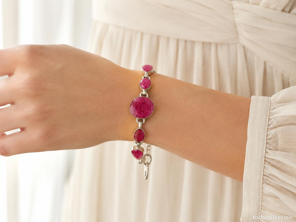 Joyeria: Pulsera de plata de ley con piedras preciosas rosas naturales | Joyer&iacute;a vintage hecha a mano