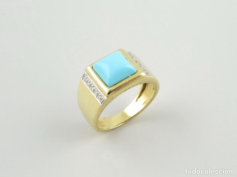 Joyeria: Sortija oro 18K, brillantes naturales y turquesa