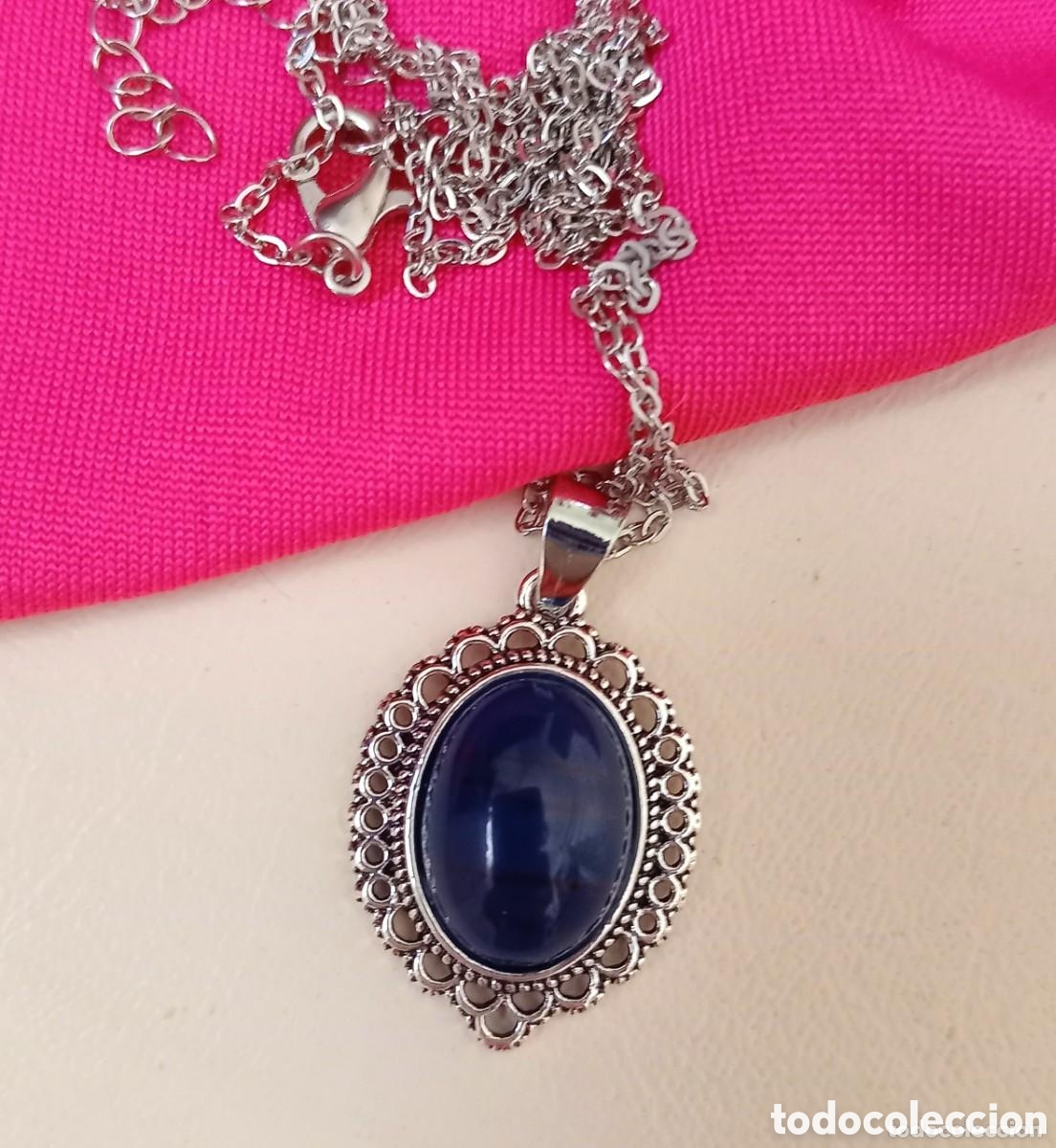 Joyeria: Original 2 piezas colgante oval azul y plateado+cadena 2,5cm largo. Muy bonito