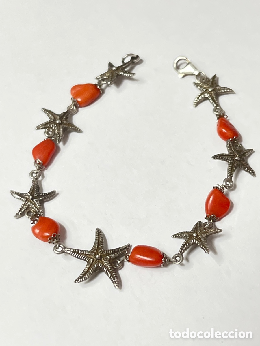 Schmuck: Pulsera de plata en forma de estrellas de mar con coralina /Pul386