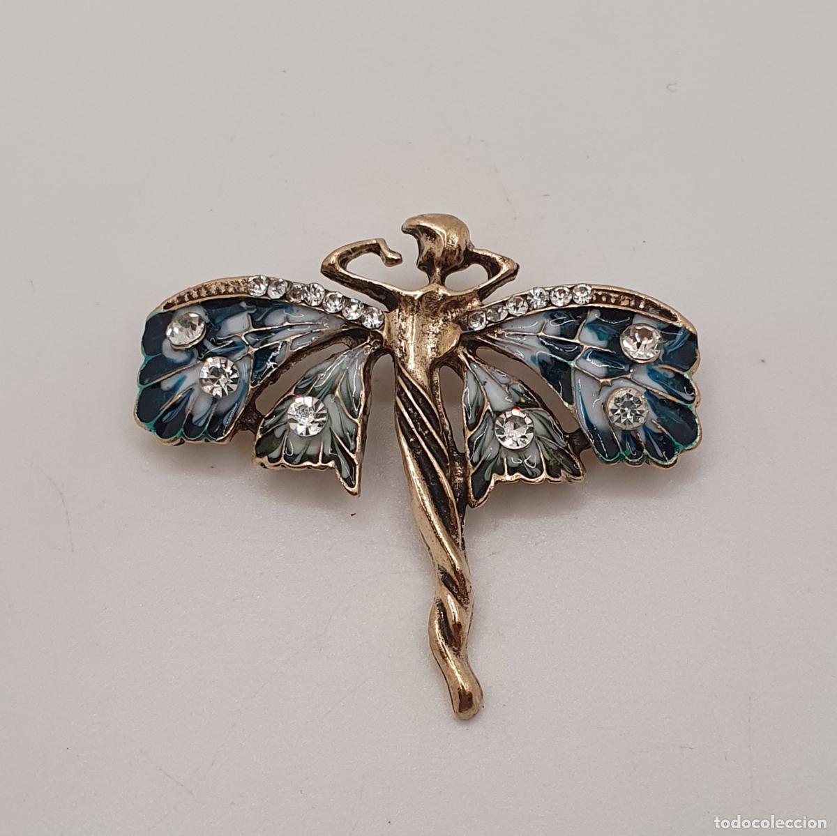 Joyeria: Precioso broche de ninfa estilo art nouveau con acabados en oro viejo, esmaltes al fuego y circonita