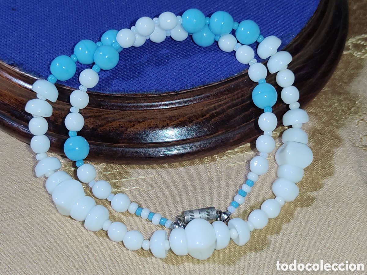 Joyeria: Collar de opalina blanca y azul celeste.Vintage. - Foto 4
