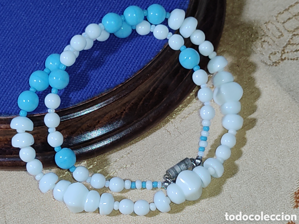 Joyeria: Collar de opalina blanca y azul celeste.Vintage. - Foto 5