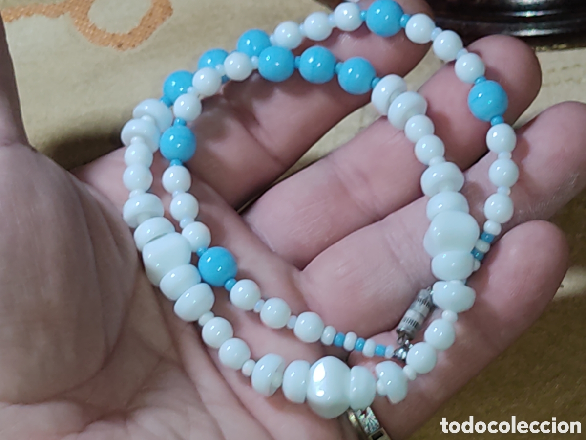 Joyeria: Collar de opalina blanca y azul celeste.Vintage. - Foto 7