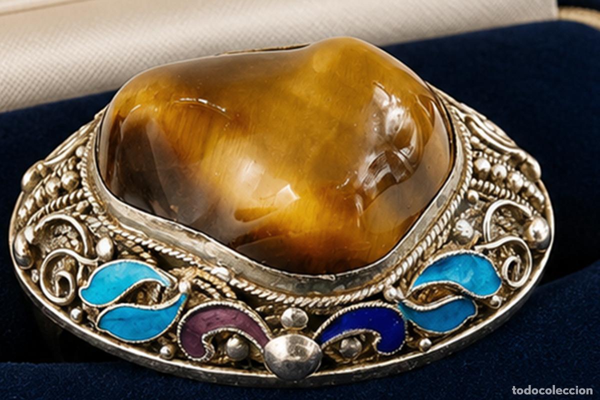 Joyeria: ANTIGUO GRAN BROCHE CON BELLO OJO DE TIGRE Y ESMALTES &middot; FILIGRANA PLATA 900 PUNZONES &middot; CHINA