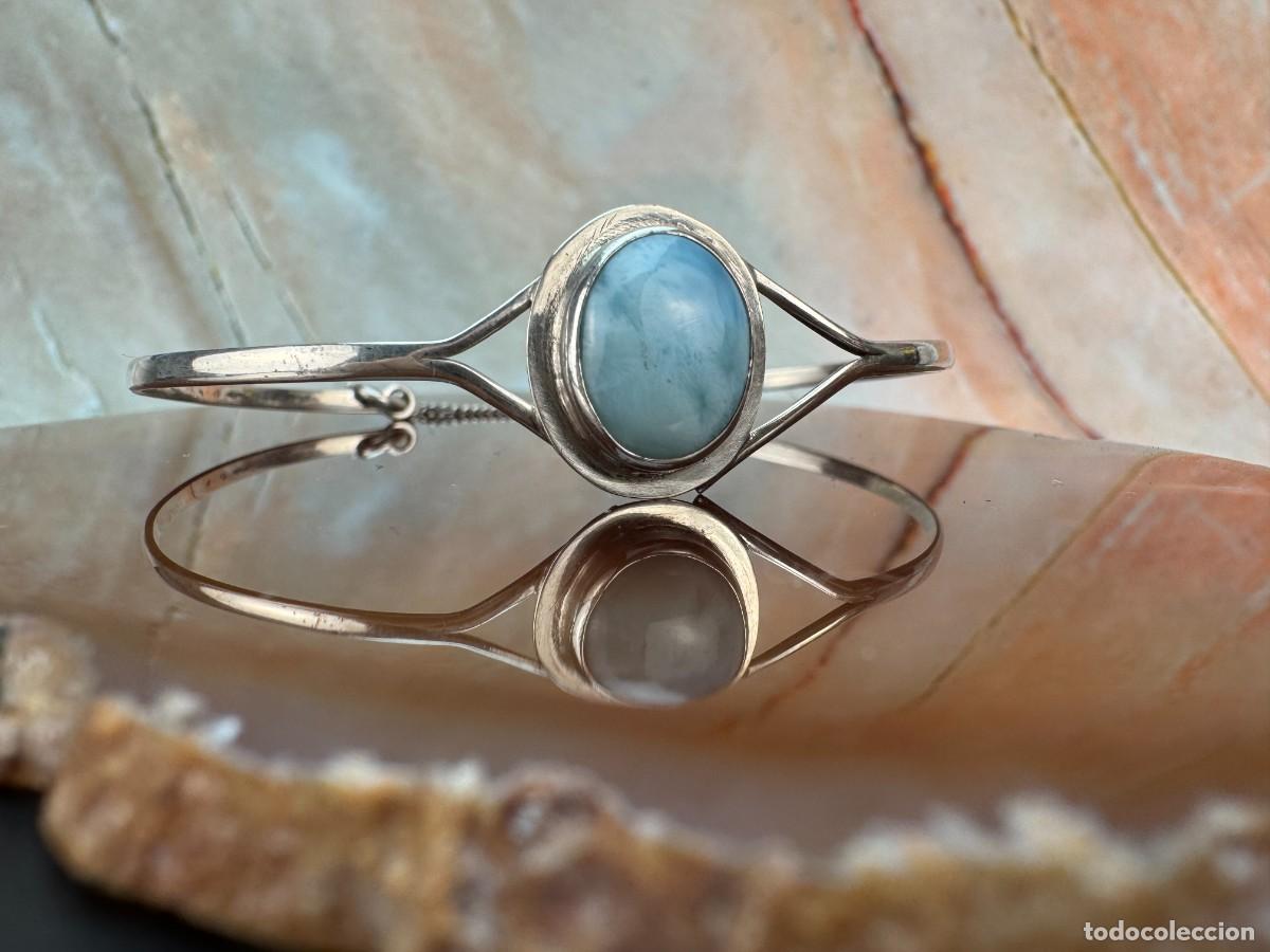 Joyeria: Pulsera tipo brazalete vintage de plata de ley con larimar &ndash; Espa&ntilde;a &ndash; siglo XX (a&ntilde;os 70-80)