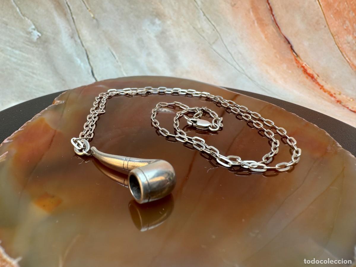 Joyeria: Colgante de plata en forma de pipa, pipa vintage en miniatura con cadena, joya de colecci&oacute;n.