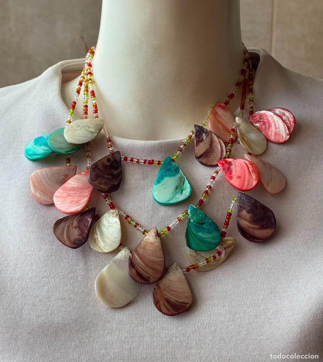 Joyeria: Vintage Multistrand Shell Necklace, Colorful Mother of Pearl Statement Necklace, Boho