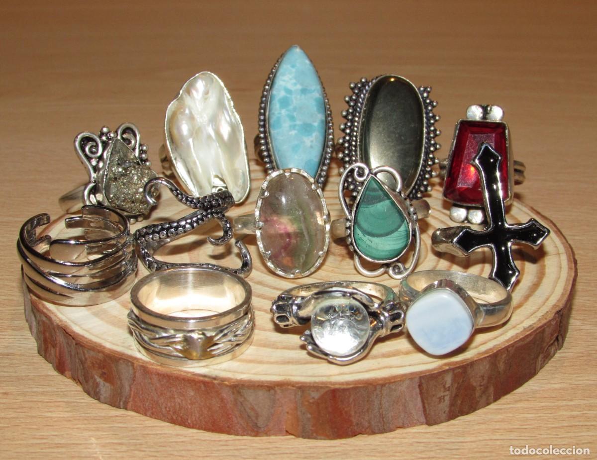 Joyeria: Lote 13 anillos sortijas piedras minerales, giratorio y estilo g&oacute;tico pulpo cruz bola adivinaci&oacute;n