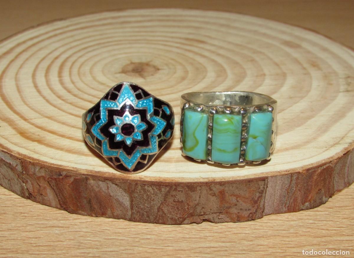 Joyeria: Par anillos sortijas plata 925 azul esmalte geom&eacute;trico bereber y estilo navajo amerindio