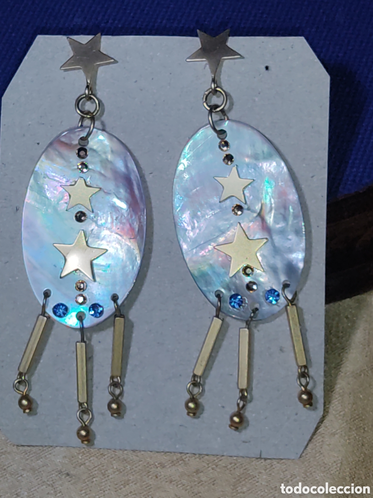 Joyeria: Pendientes de nacar con circonitas y estrellas.Vintage. - Foto 2