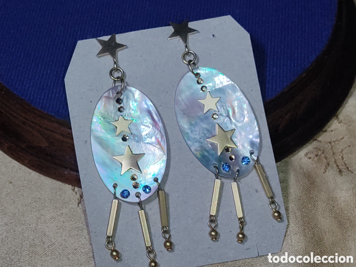 Joyeria: Pendientes de nacar con circonitas y estrellas.Vintage. - Foto 1