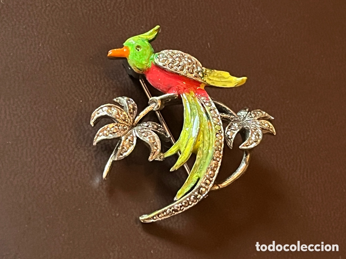 Joyeria: AVE DEL PARAISO. LORO. ANTIGUO BROCHE MODERNISTA DE &Eacute;POCA SIMIL MARQUESITAS CIERRE SEGURIDAD ALFILER