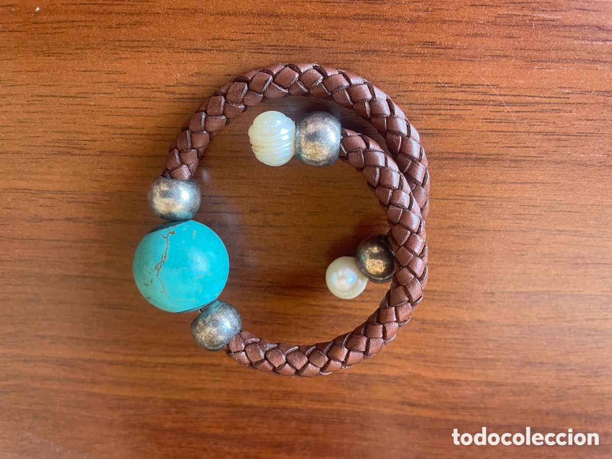 Joyeria: pulsera con turquesa y perlas trenzada de piel - Foto 2