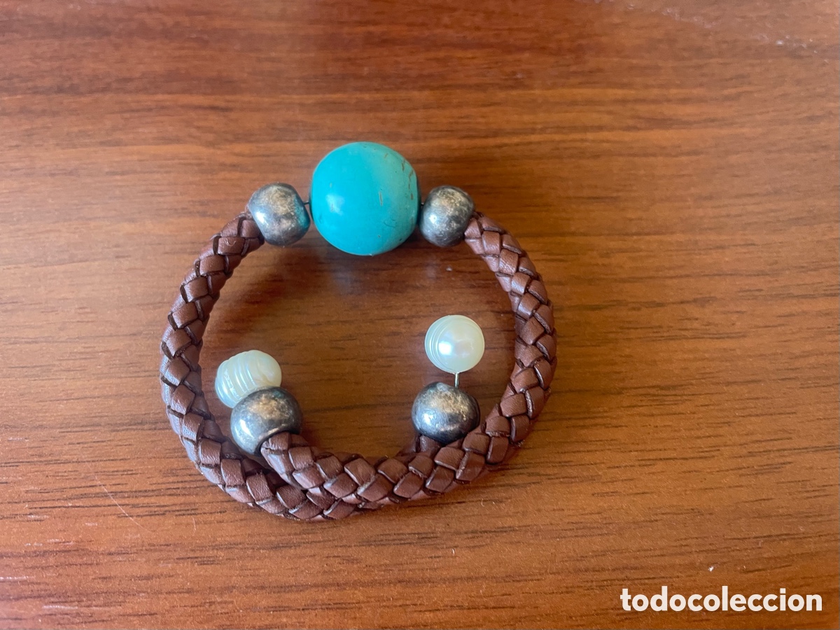 Joyeria: pulsera con turquesa y perlas trenzada de piel - Foto 3