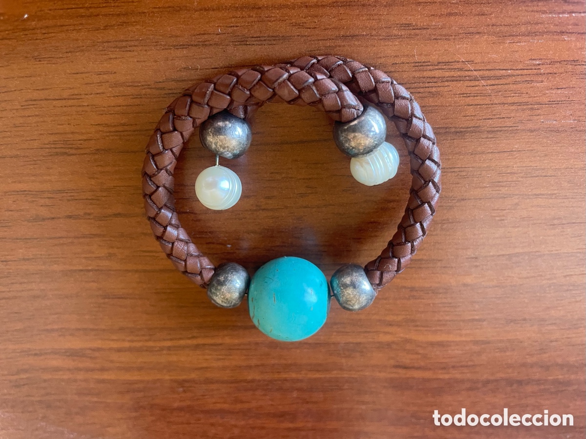 Joyeria: pulsera con turquesa y perlas trenzada de piel - Foto 1