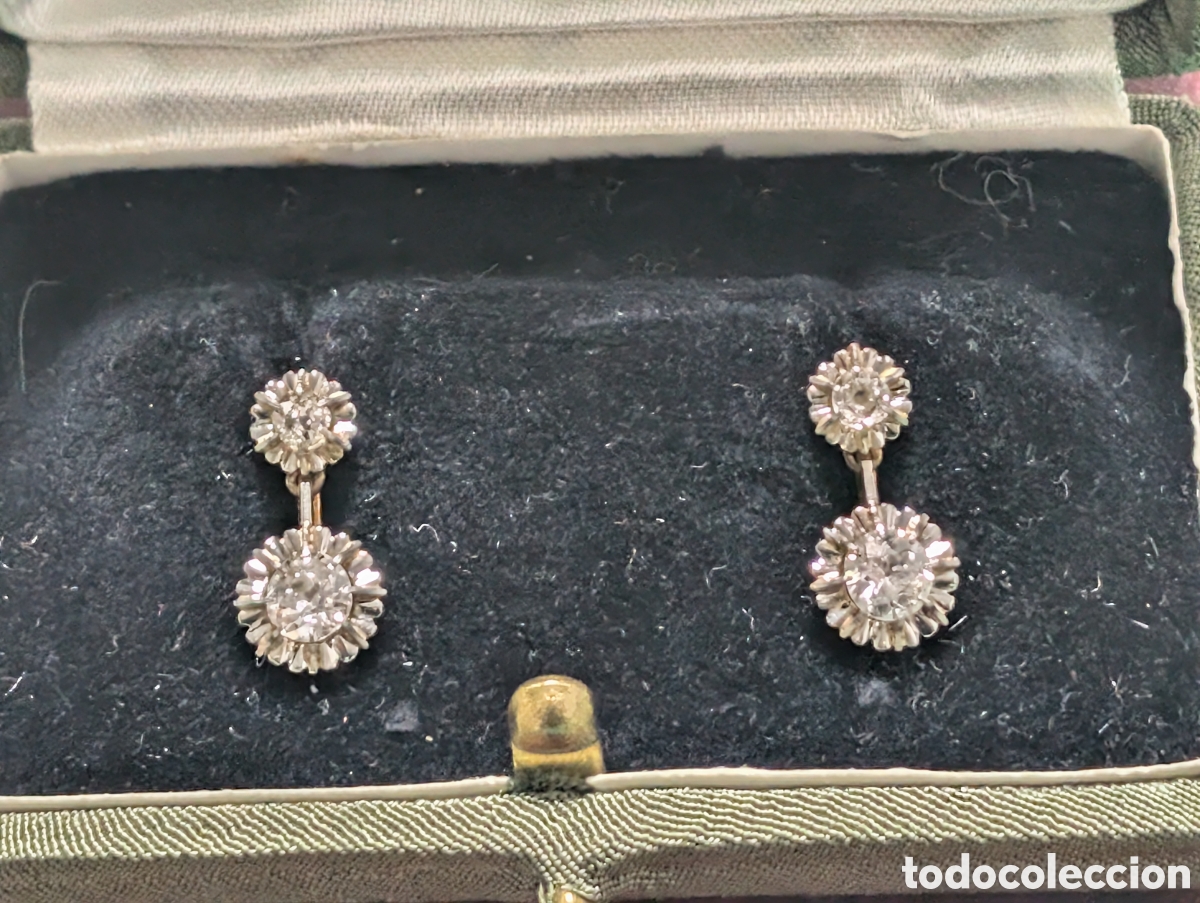 Joyeria: Magn&iacute;ficos Pendientes Antiguos &rdquo;Dormilonas / Tu y Yo&rdquo; en Oro y Diamantes Talla Antigua / Brillante