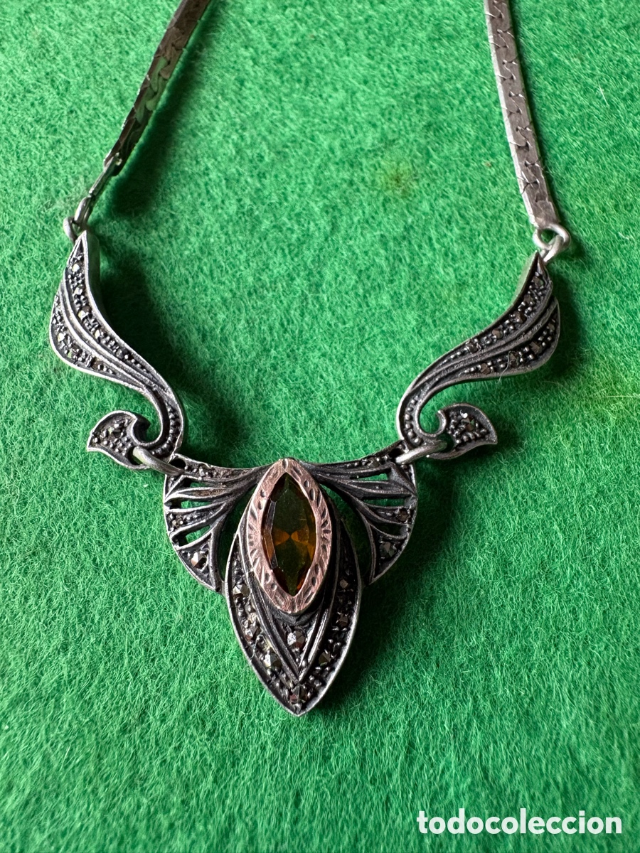 Joyeria: Collar art d&eacute;co plata de ley 925, vistas en oro de 18k, marcasitas y piedra &aacute;mbar central (A1)