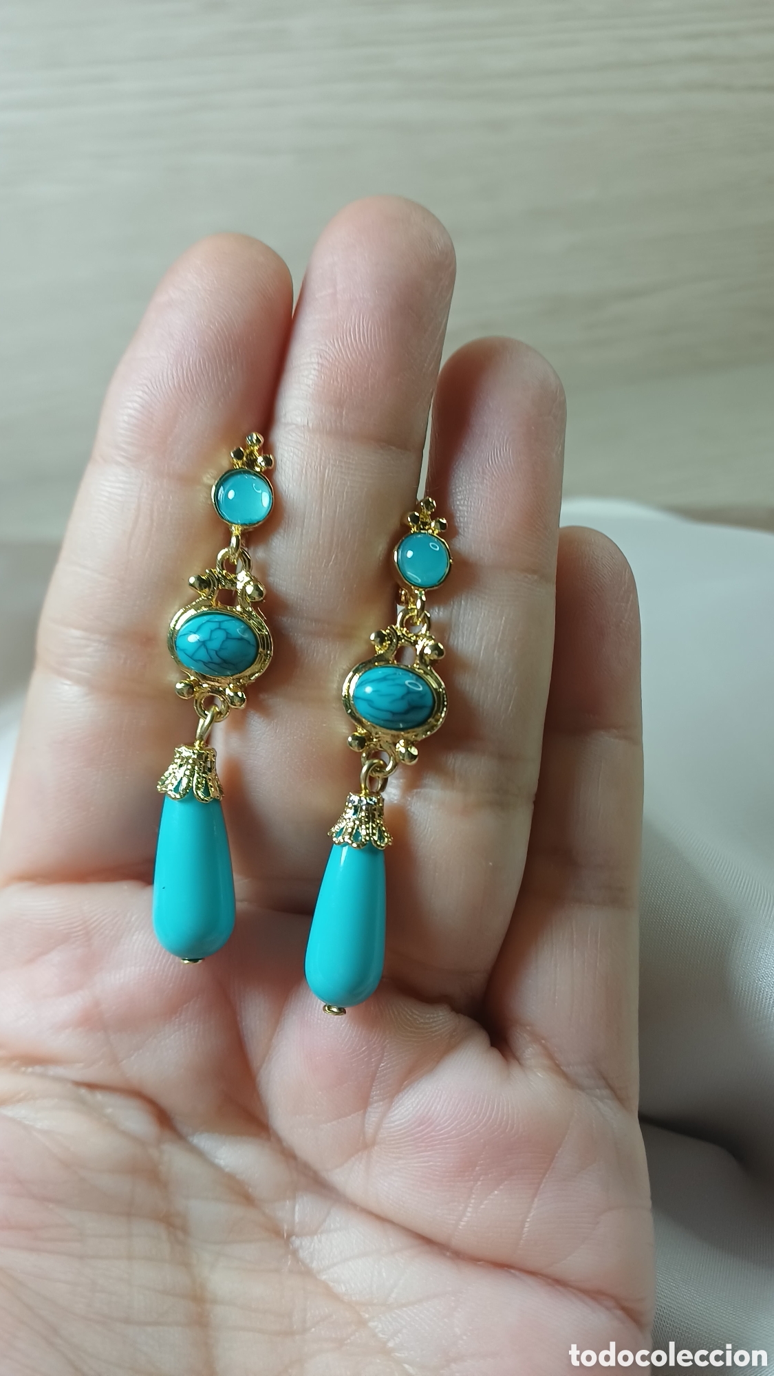 Joyeria: PENDIENTES LARGOS CHAPADO ORO Y TURQUESA - Foto 3