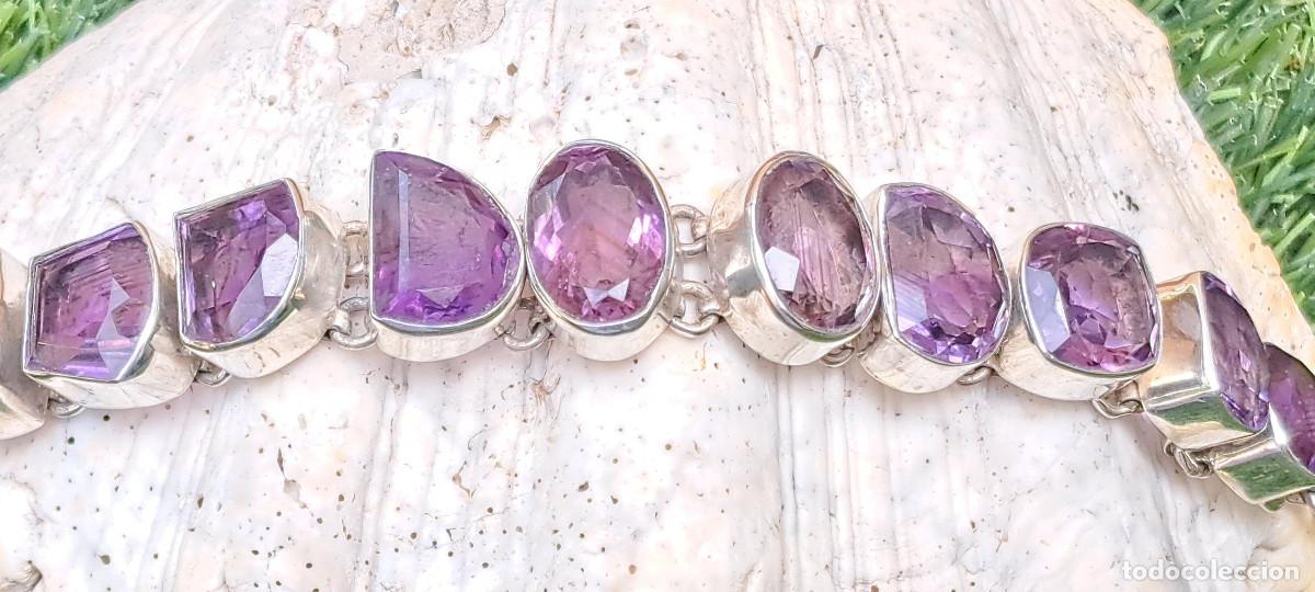 Joyeria: PULSERA VINTAGE DE PLATA DE LEY 925 CON PIEDRAS DE AMATISTA NATURAL VISELADAS ref. DQ