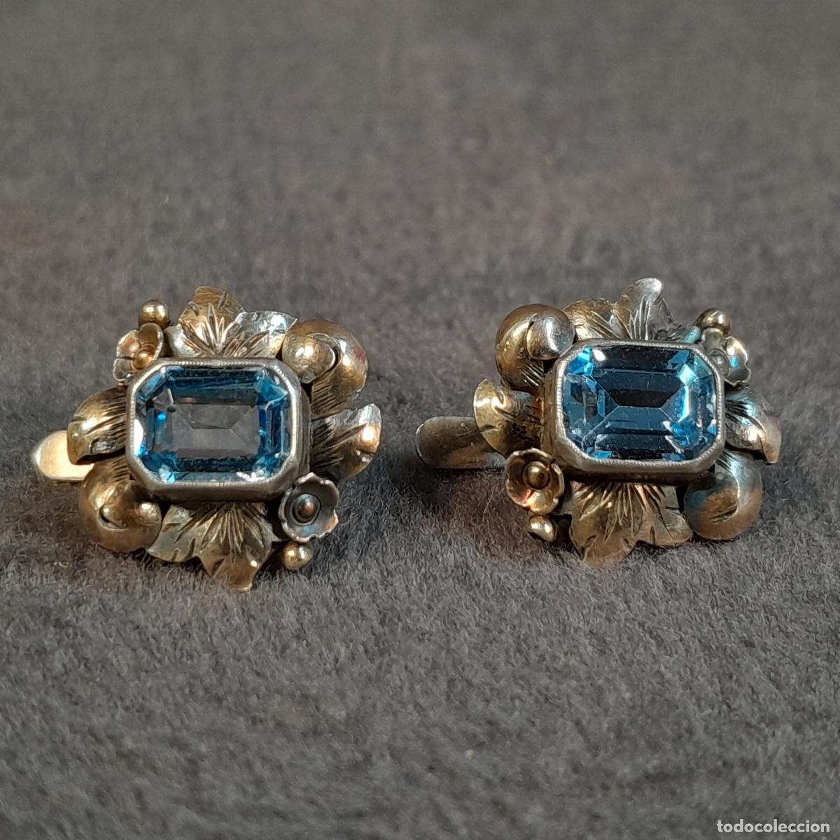 Joyeria: J-4543. PENDIENTES REALIZADOS EN PLATA, DETALLES DORADOS Y AGUAMARINA. PRINCIPIOS S.XX.
