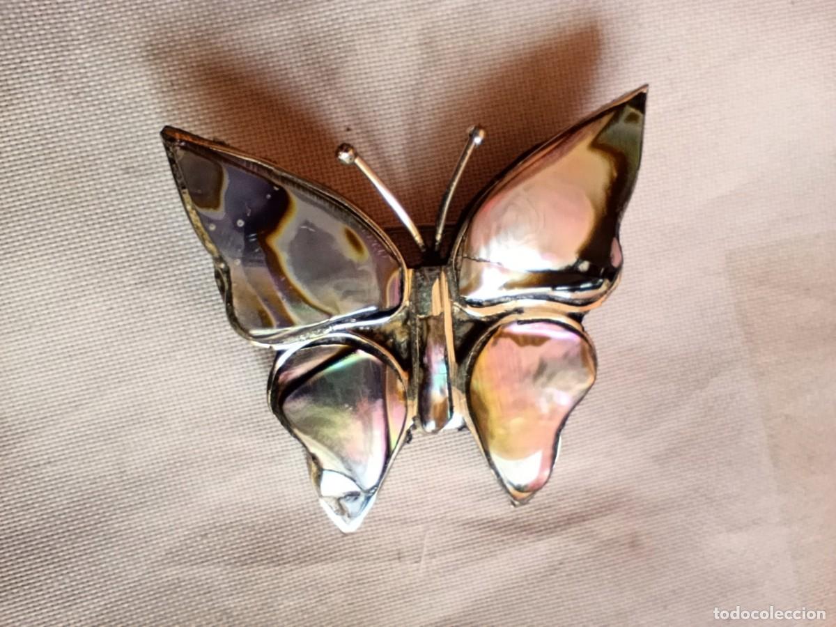 Joyeria: Antiguo broche Mariposa de alpaca y abulon. Firmado: Alpaca Mexico