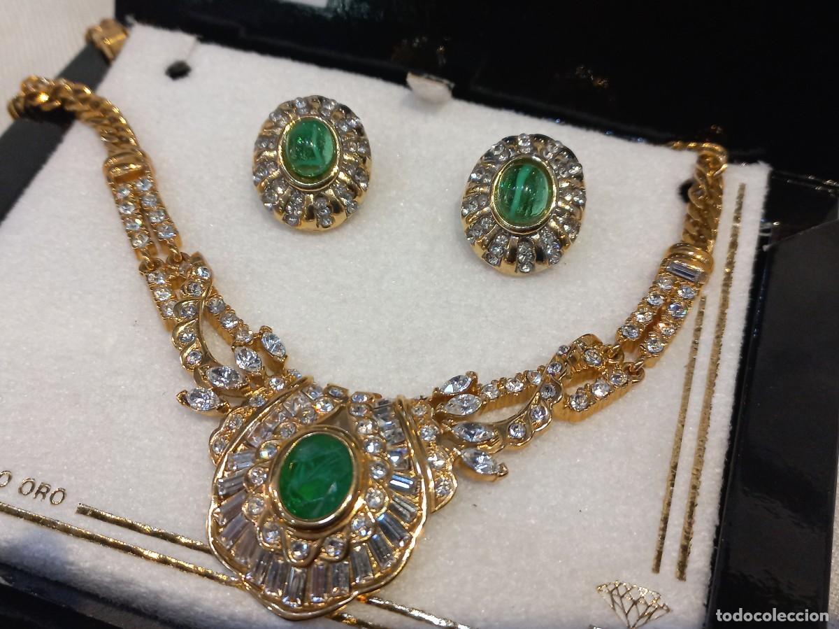 Joyeria: GARGANTILLA Y PENDIENTES chapado &uml;EDUAR&uml; cadena-centro cristal-piedra verde