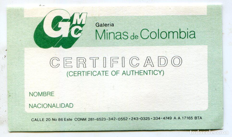 Joyeria: Certificado de autenticidad de unos pendientes de esmeraldas comprados en Bogot&aacute; Colombia 1994