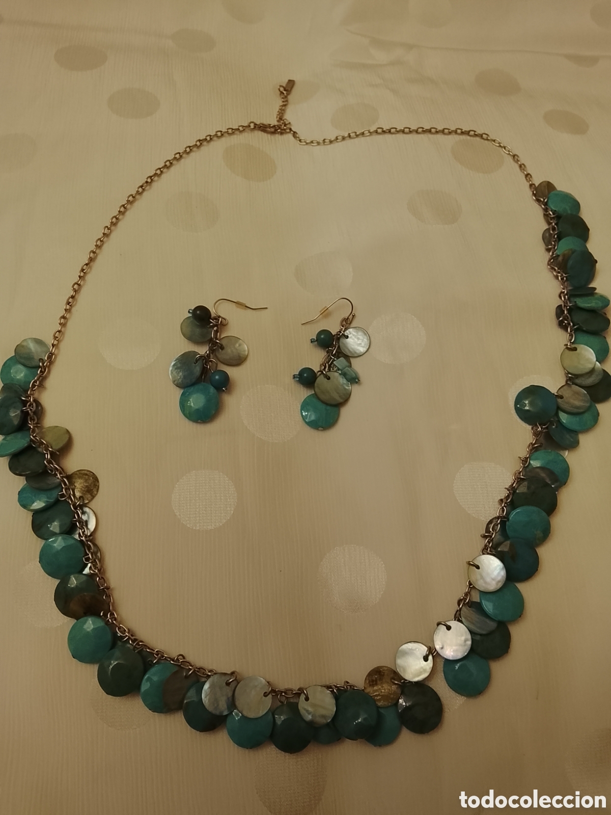 Joyeria: Conjunto de gargantilla y pendientes ,en plata ,nacar y turquesa - Foto 2