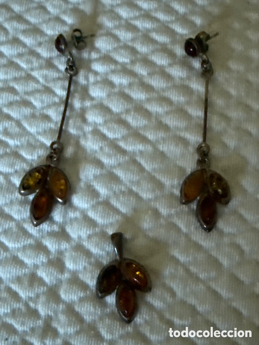 Joyeria: Pendientes y colgante. Plata y &aacute;mbar