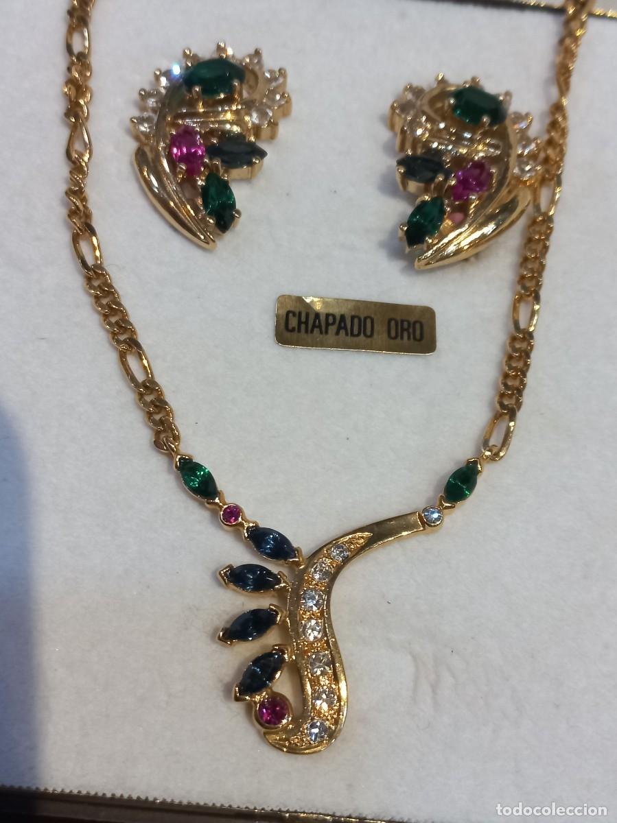 Joyeria: GARGANTILLA Y PENDIENTES chapado &uml;RODIPLAT&uml; cadena-centro rama-piedras multicolor