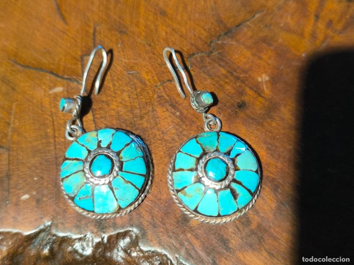 Joyeria: ANTIGUOS PENDIENTES DE PLATA Y TURQUESAS MEXICO DIAMETRO 2,7 CM 19 GR