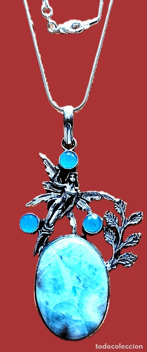 Joyeria: Colgante con Larimar . Chapado Plata , de alta calidad y duraci&oacute;n, con 3 calcedonias azules y cadena