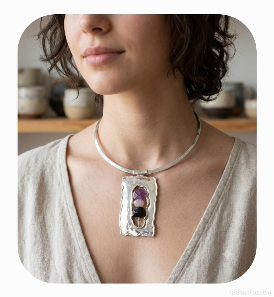 Schmuck: Preciosa gargantilla de autor en plata de ley maciza 925, amatistas y cuarzo rosa aut&eacute;ntico.