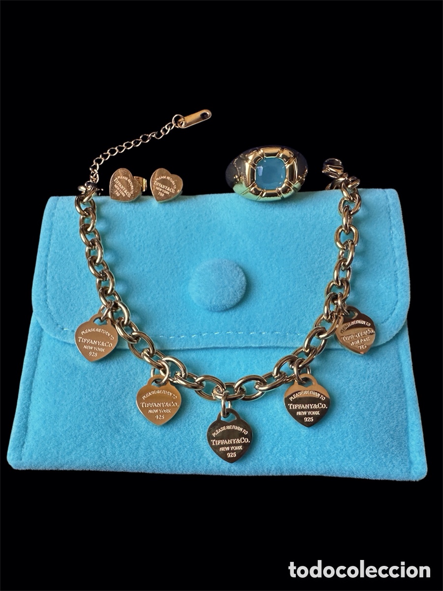Joyeria: Conjunto joyer&iacute;a mujer 4 piezas acero inoxidable Tiffany &ndash; dorado - pulsera, pendientes y anillo