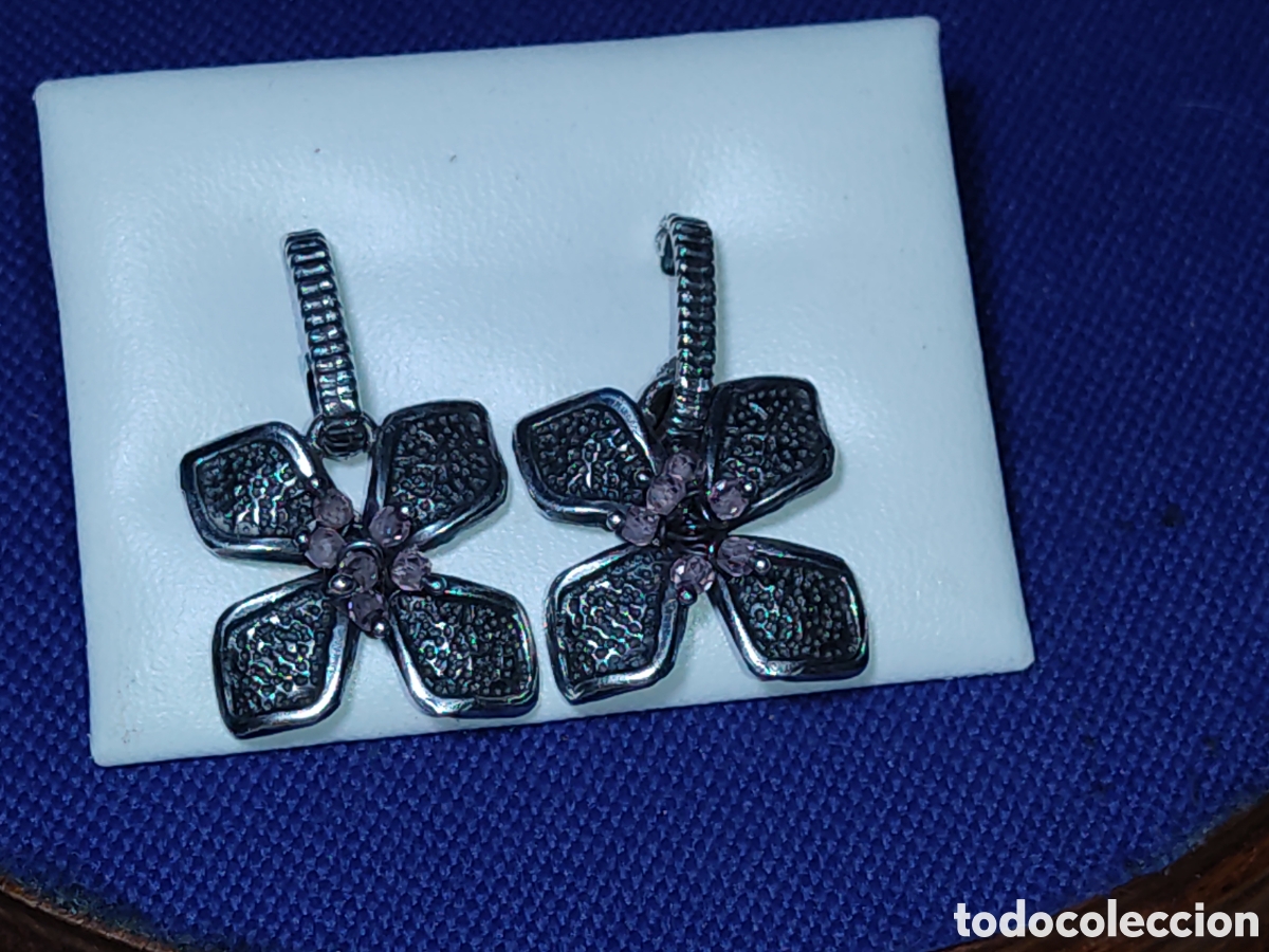 Joyeria: Antiguos pendientes flor de plata 925 y cuarzo rosa.