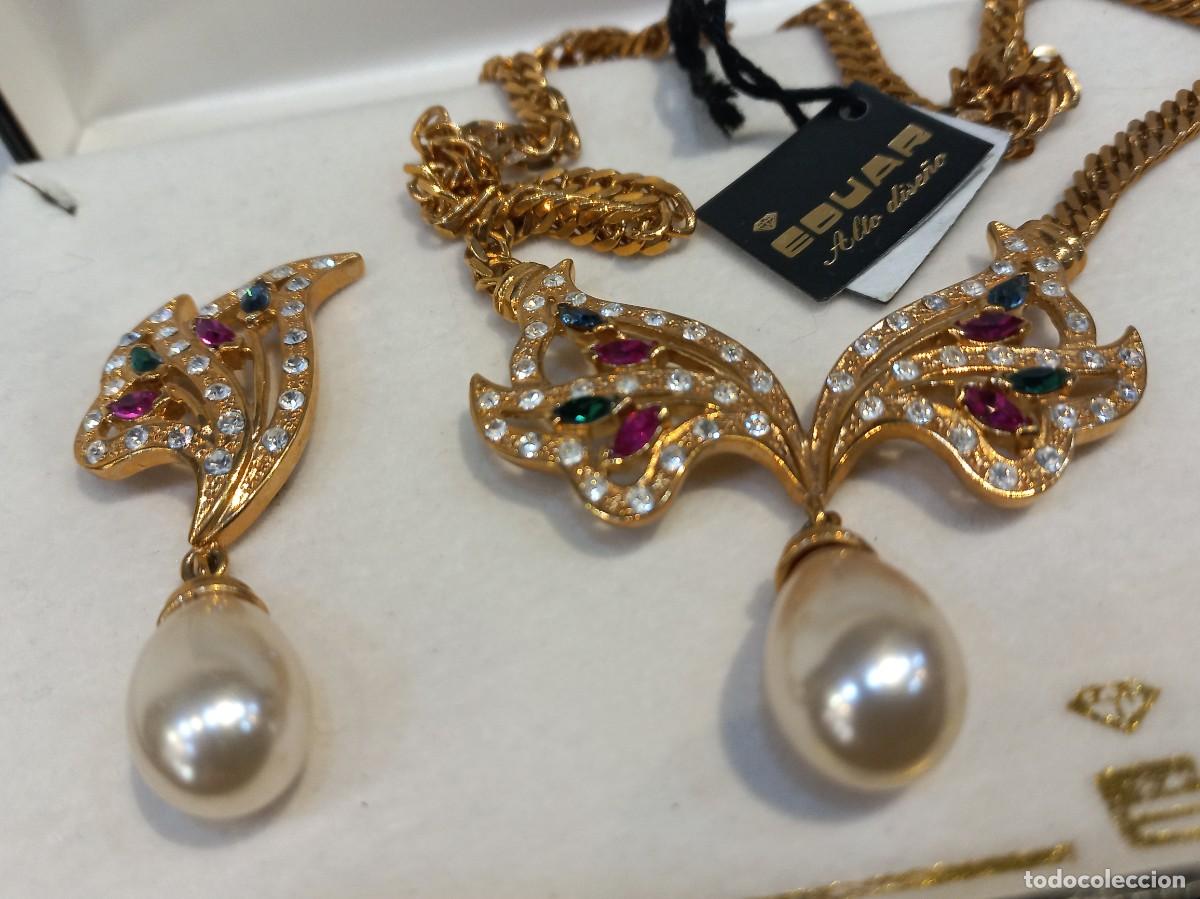 Joyeria: GARGANTILLA Y PENDIENTES chapado &uml;EDUAR mariposa pedrer&iacute;a multicolor y perl&oacute;n l&aacute;grima