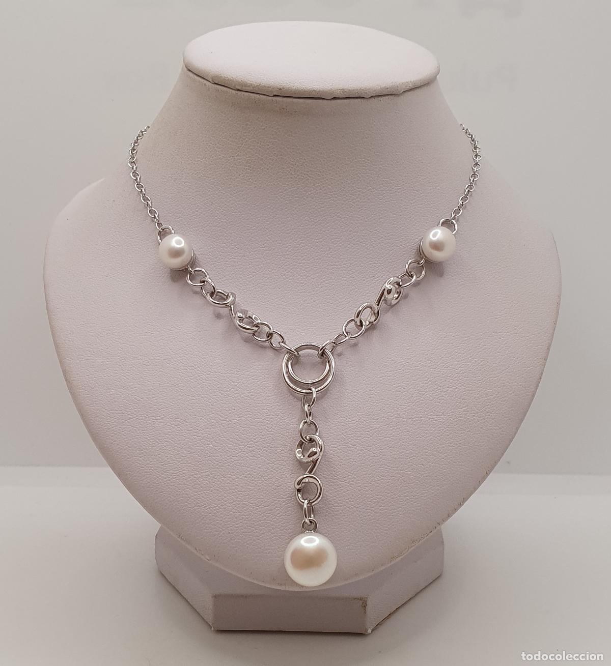 Joyeria: Elegante gargantilla en plata de primera ley 925 tipo corbatero con bellas perlas naturales.
