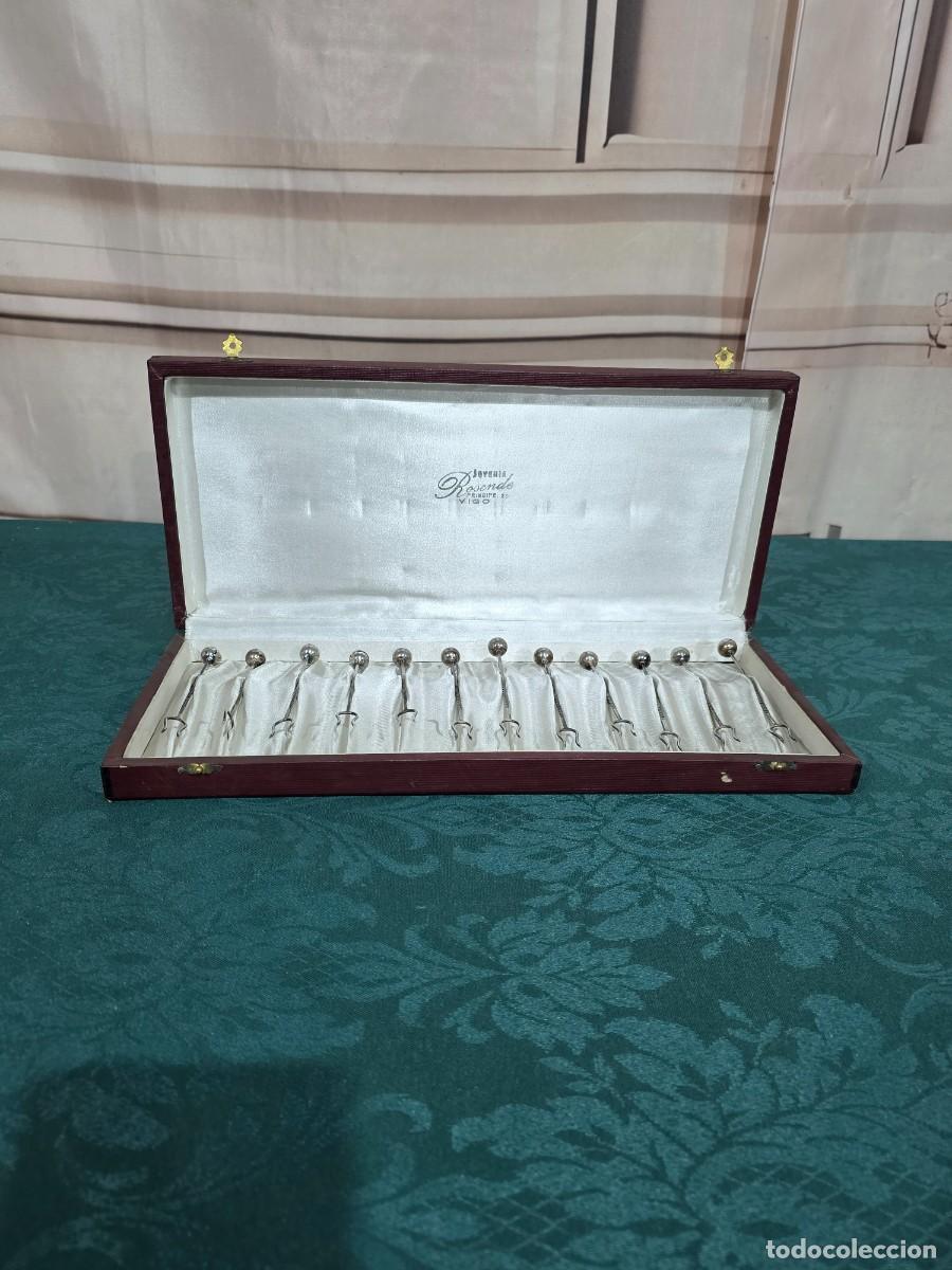 Joyeria: Estuche vintage de pinchos en plata de ley para aperitivo y marisco