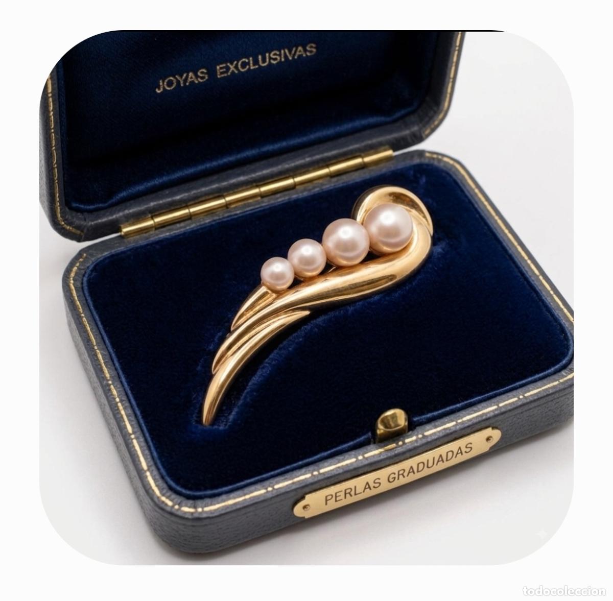 Joyeria: Elegante broche antiguo en plata de ley 925 chapado en oro de 18k y perlas Majorica.