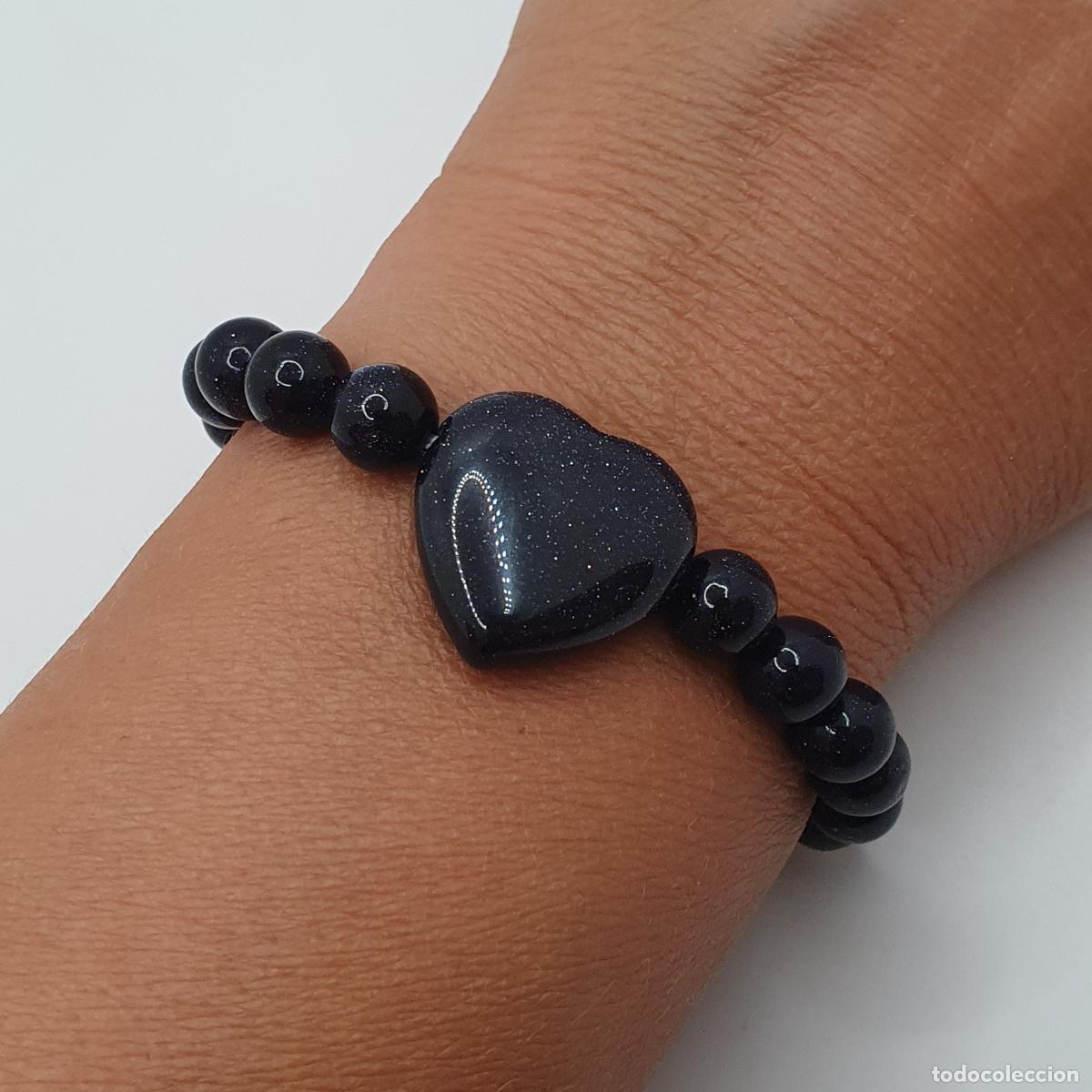 Joyeria: Excelente pulsera de esferas de aventurina azul con bello coraz&oacute;n central, piedra de la calma.
