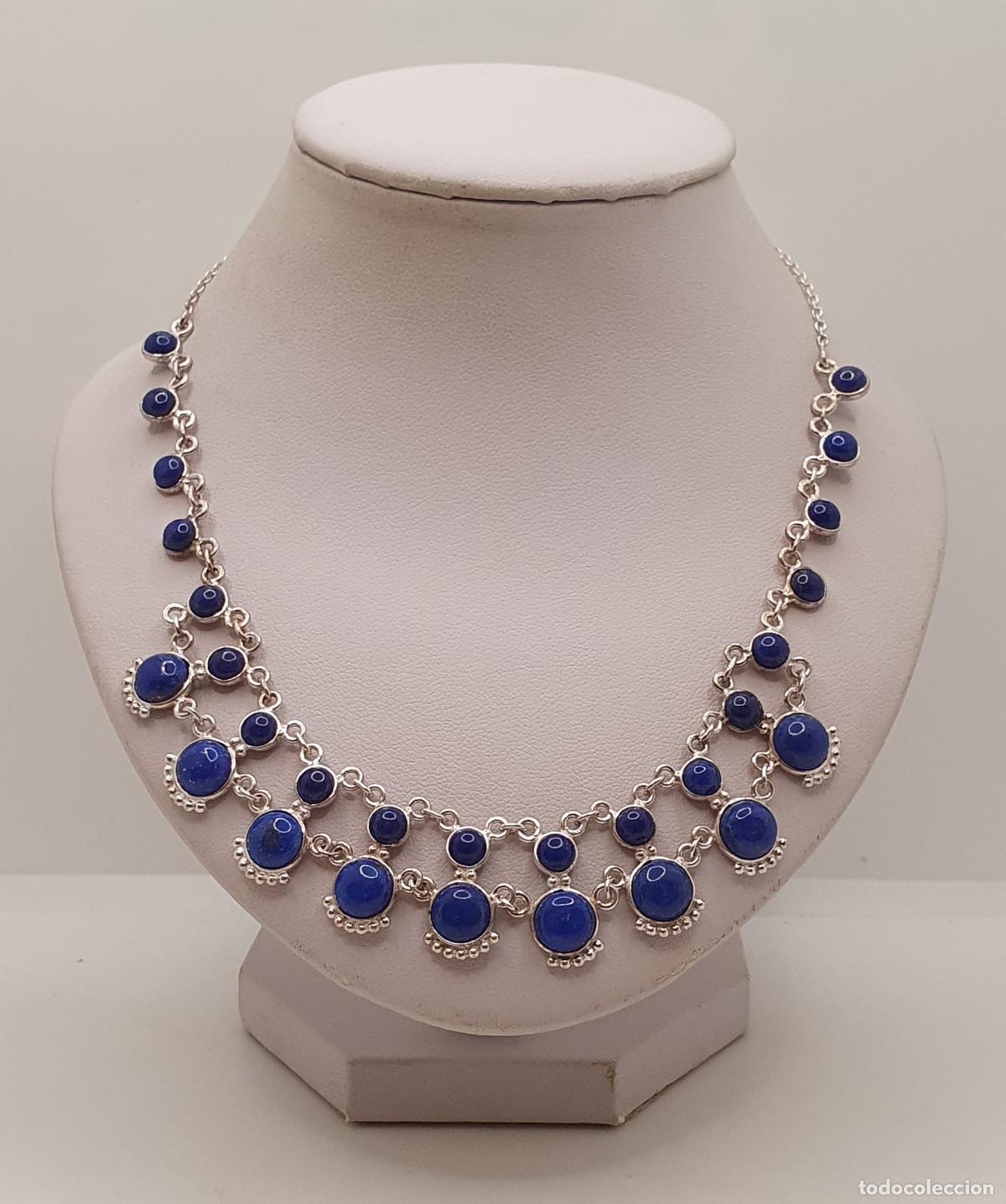 Joyeria: Magn&iacute;fica gargantilla tipo babero en plata de ley 925 con cabujones de lapisl&aacute;zuli afgano aut&eacute;ntico.