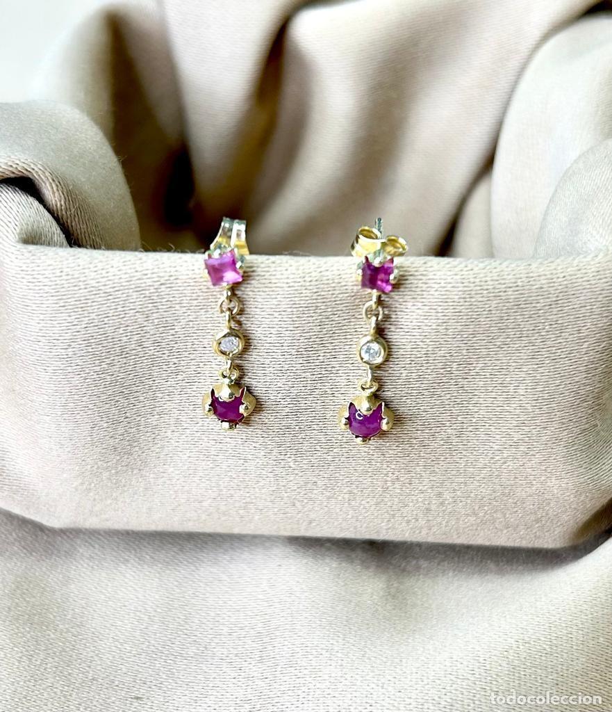 Joyeria: Pendientes largos, oro amarillo 18K, diamante natural y rub&iacute;
