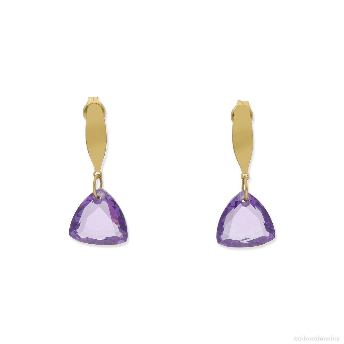 Joyeria: Pendientes, oro amarilo 18k y amatista natural en forma triangular - Foto 2